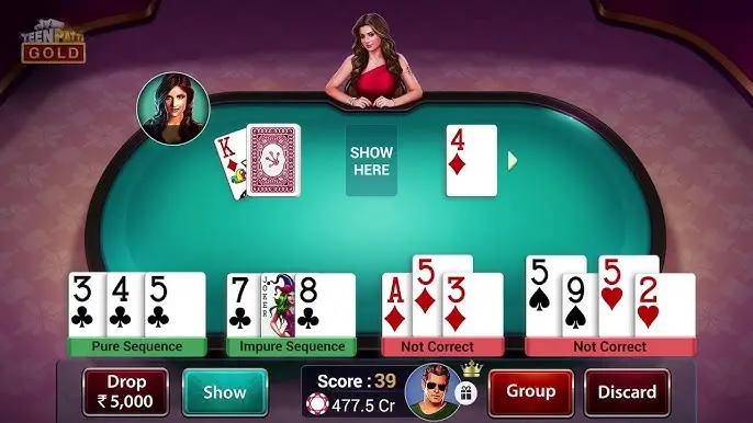 A sleek Rummy Master virtual card game interface displays a table with player hands: 3♣, 4♠, 5♠, 7♦, and more. The dealer reveals K♦, 4♦. Indicators guide you on Pure Sequence, Impure Sequence, and Not Correct plays—perfect for aspiring rummy champions.